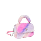 side view of a plush ombre mini flap front crossbody bag with a rhinestone heart gem detail.