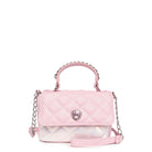 front view of a two toned pink and metallic white quilted crossbody bag with a heart gem flap closure