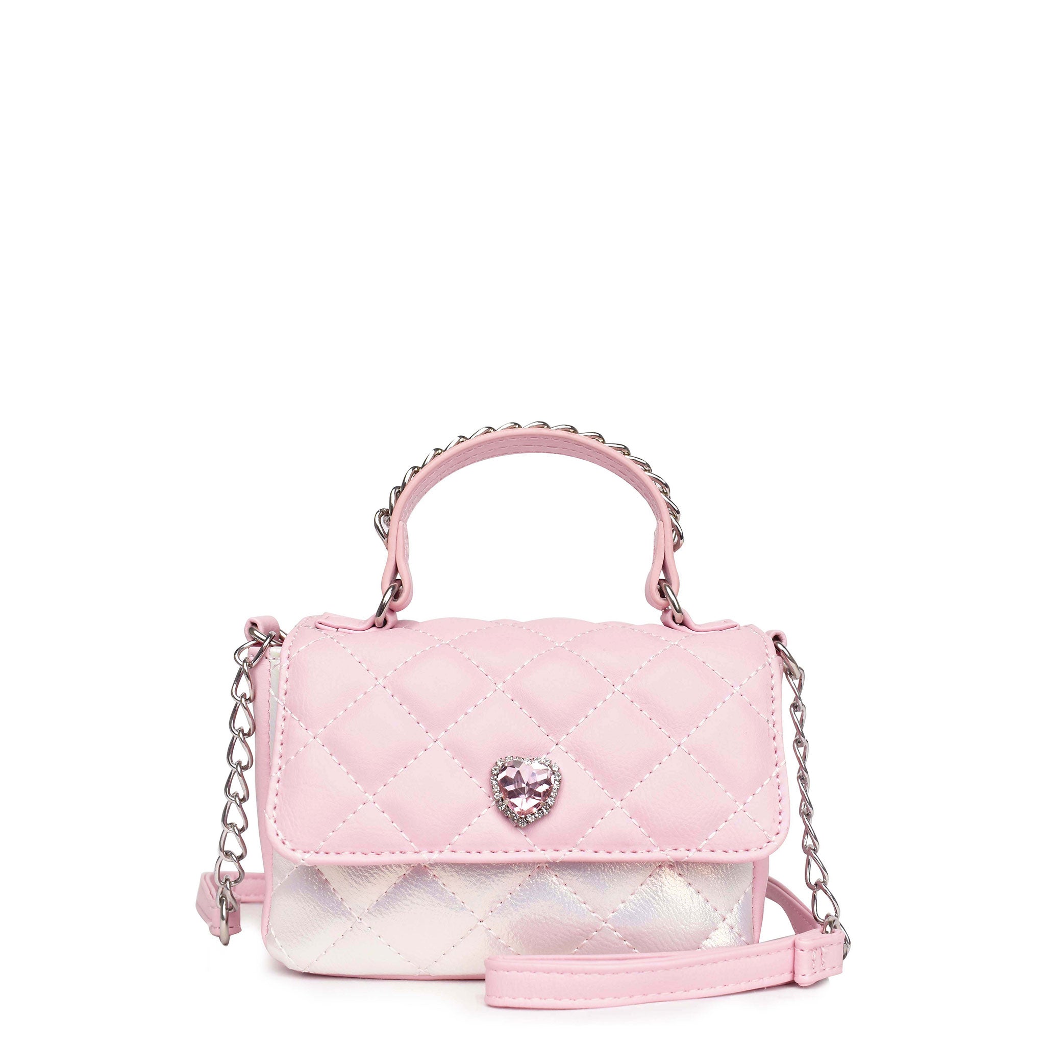 front view of a two toned pink and metallic white quilted crossbody bag with a heart gem flap closure