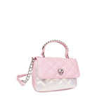 side  view of a two toned pink and metallic white quilted crossbody bag with a heart gem flap closure