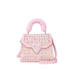 Front view of a pink tweed Mini bag with a pink plush top handle and a rhinestone heart snap closure