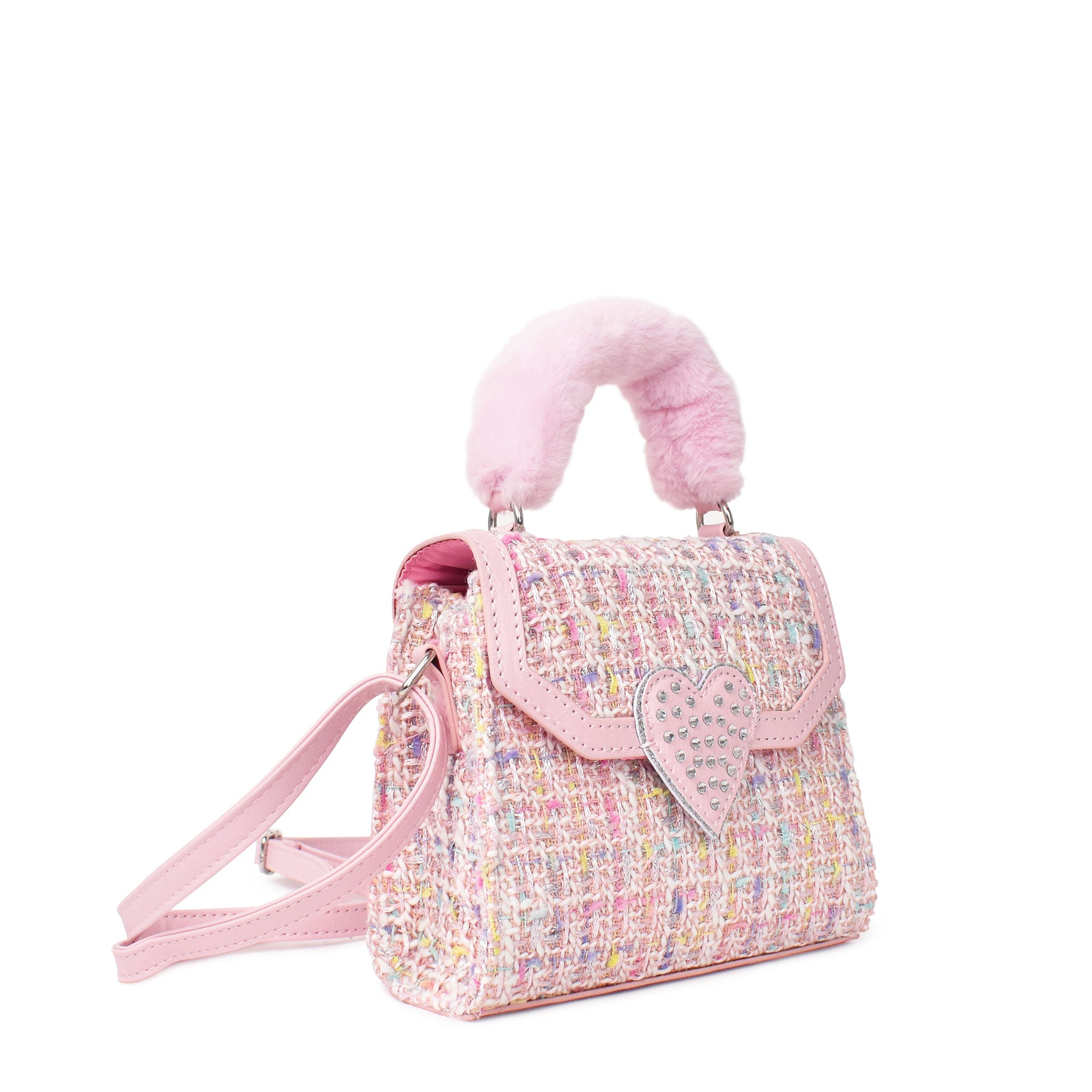 Side view of a pink tweed Mini bag with a pink plush top handle and a rhinestone heart snap closure