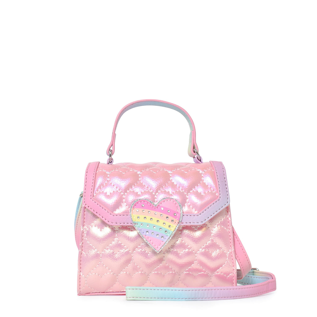 Front view of heart quilted metallic mini top-handle bag