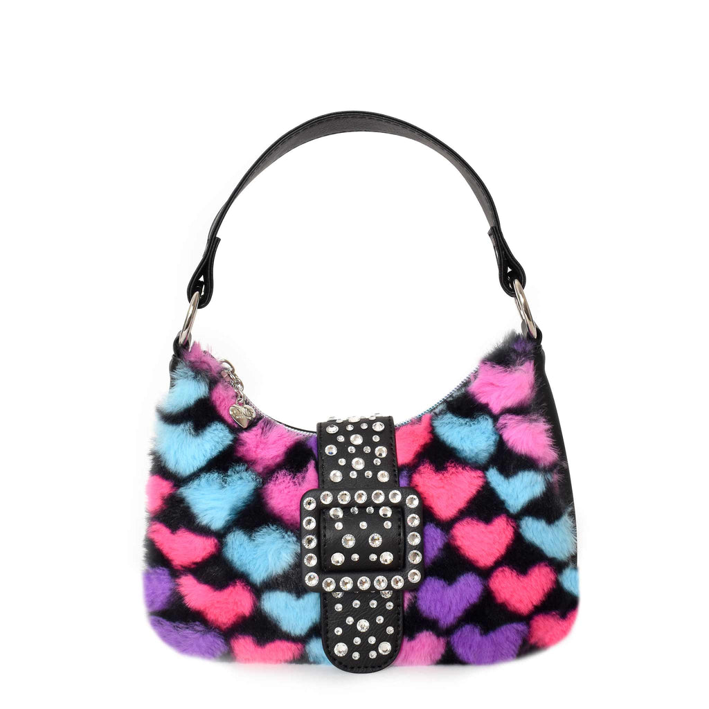 Front view of plush heart-printed mini crescent bag with black rhinestone buckle