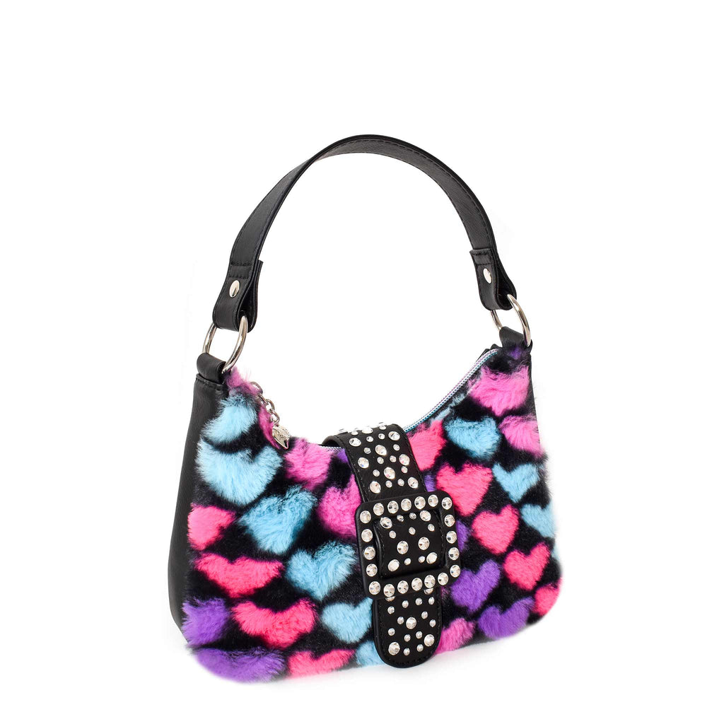 Side view of plush heart-printed mini crescent bag with black rhinestone buckle