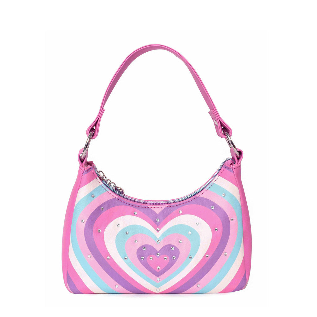 Front view of rayed heart-printed mini crescent bag with rhinestones