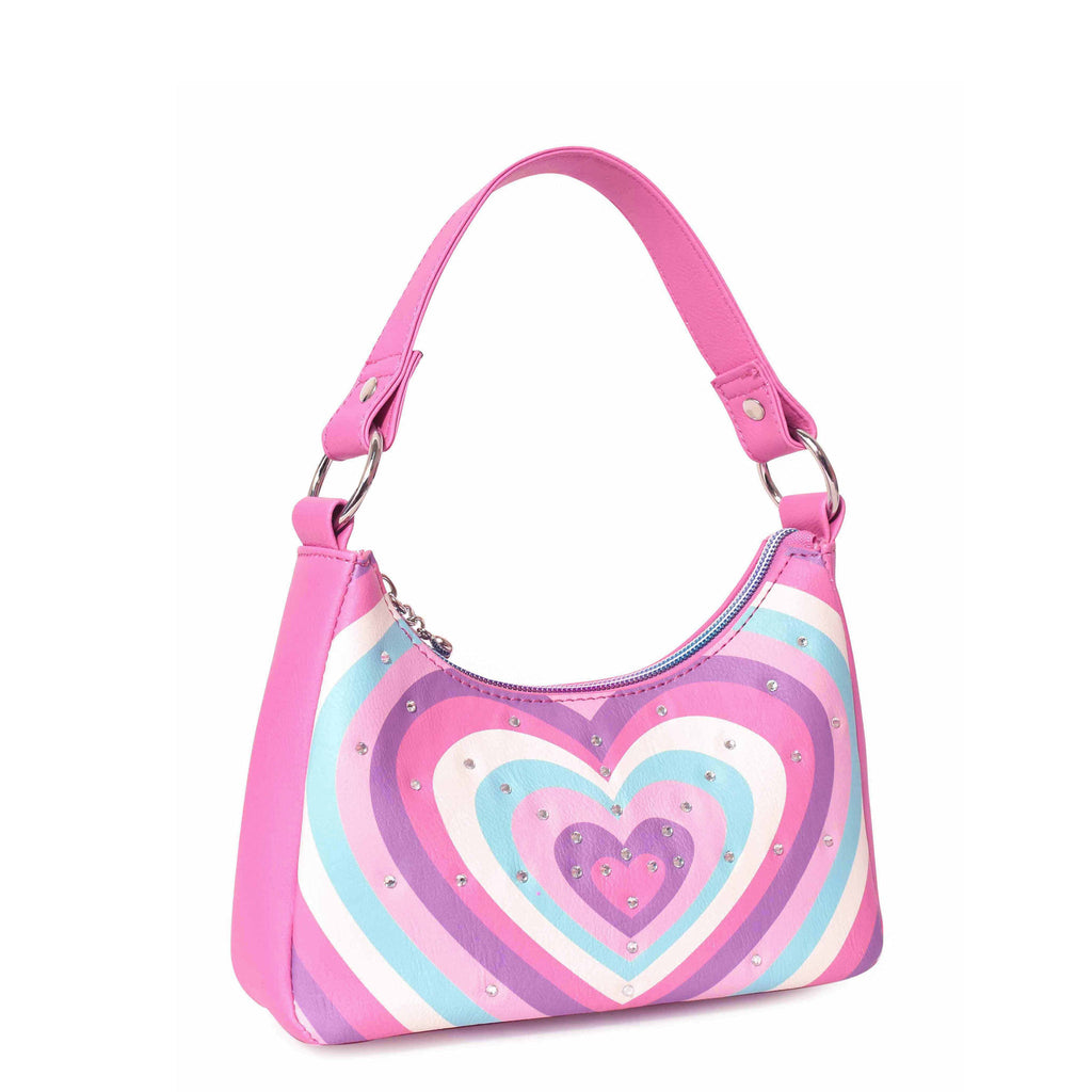 Side view of rayed heart-printed mini crescent bag with rhinestones