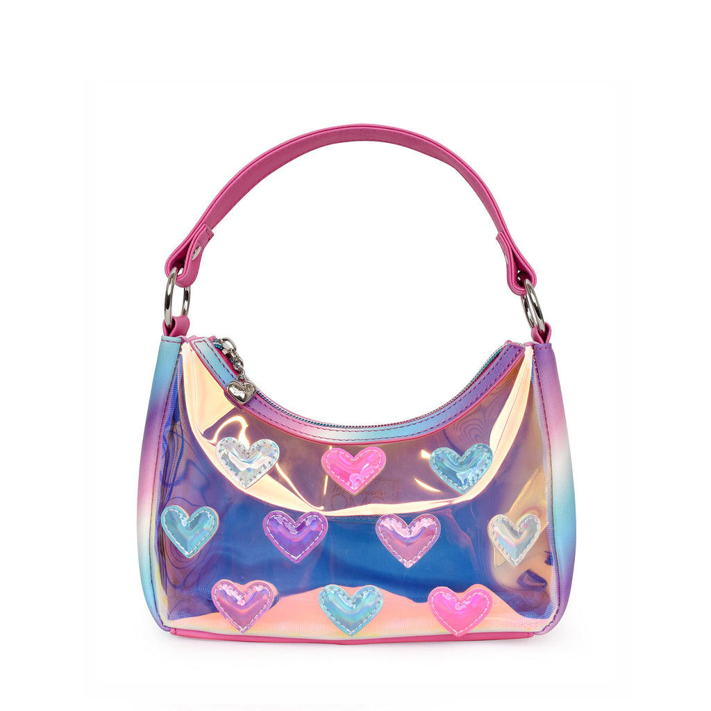 Front view of glazed clear mini hobo covered in metallic heart patches