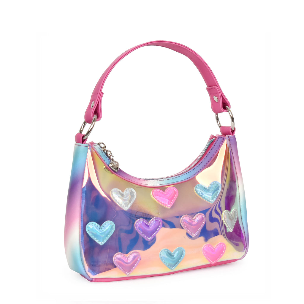 Side view of glazed clear mini hobo covered in metallic heart patches