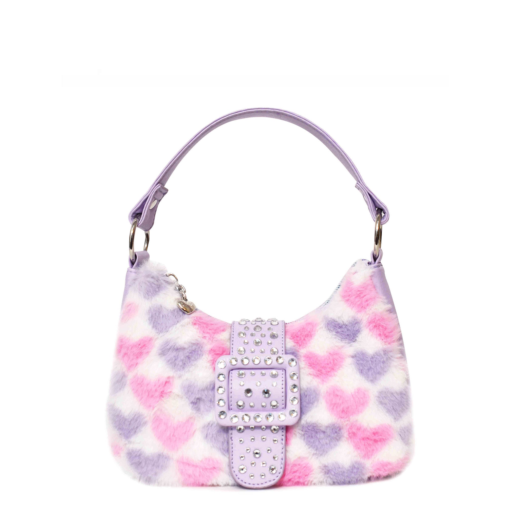 Front view of pink and purple heart-printed plush crescent bag with purple rhinestone buckle
