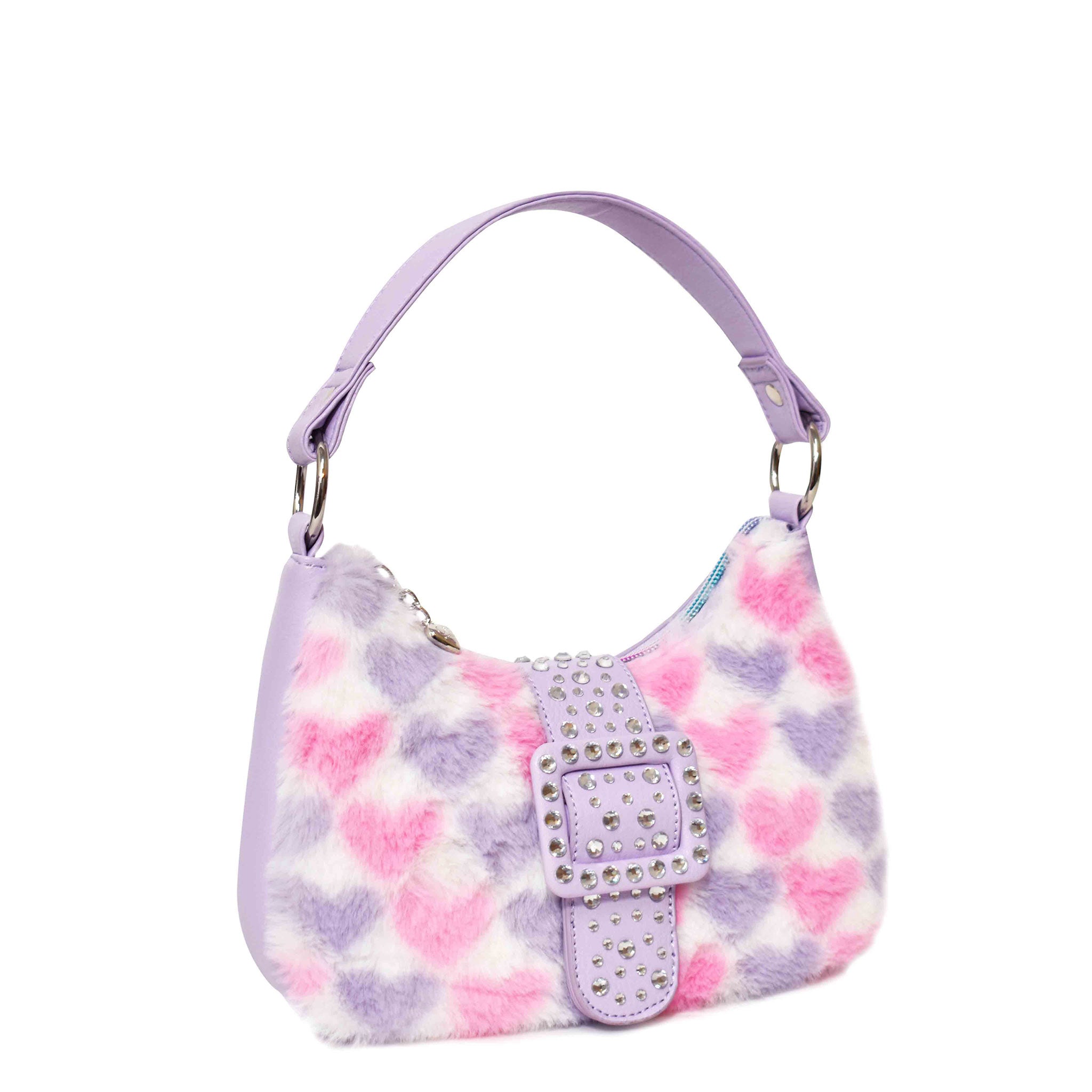 Side view of pink and purple heart-printed plush crescent bag with purple rhinestone buckle