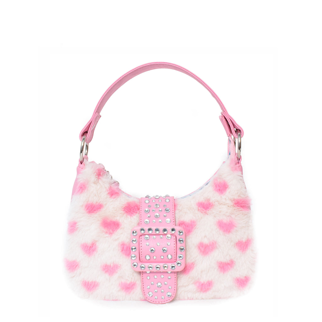 Front view of white plush mini pink heart-printed crescent bag with pink rhinestone buckle