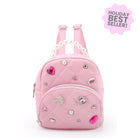 front view of a pink quilted micro mini backpack with bow, heart, & pearl gems. topped with a pearl beaded top handle