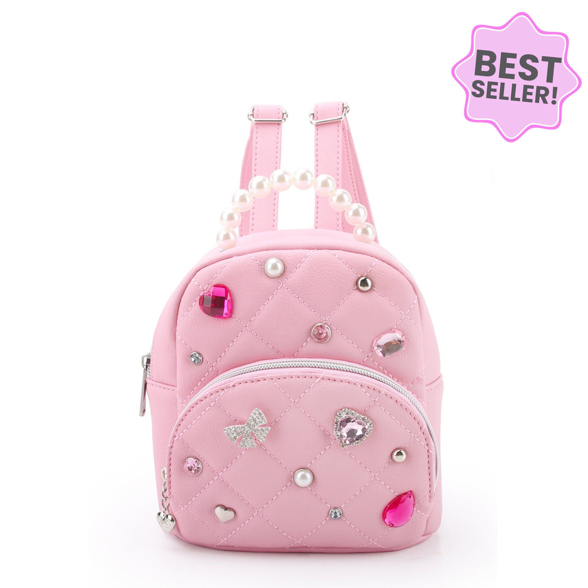 front view of a pink quilted micro mini backpack with bow, heart, & pearl gems. topped with a pearl beaded top handle