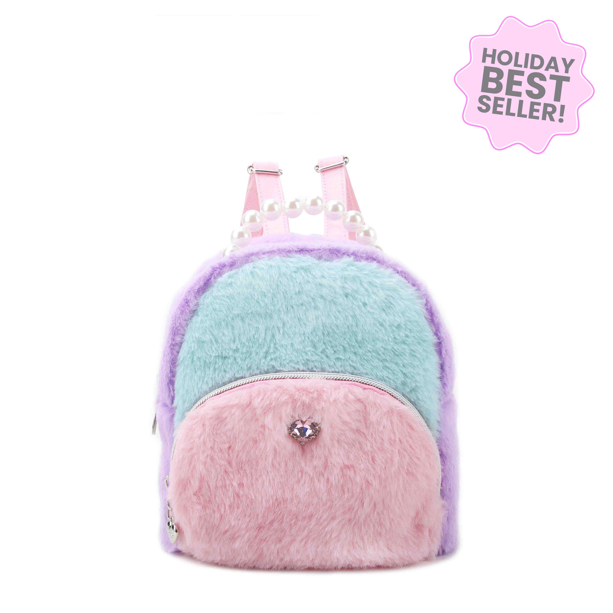 color blocked plush micro mini backpack with a pearl top handle