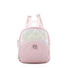 holographic pink and white color blocked quilted mini backpack with peal top handle