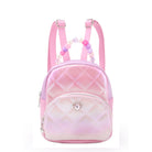 front view of pink and white metallic quilted micro mini backpack with heart gem applique & a beaded top handle with the word "love" letter beads