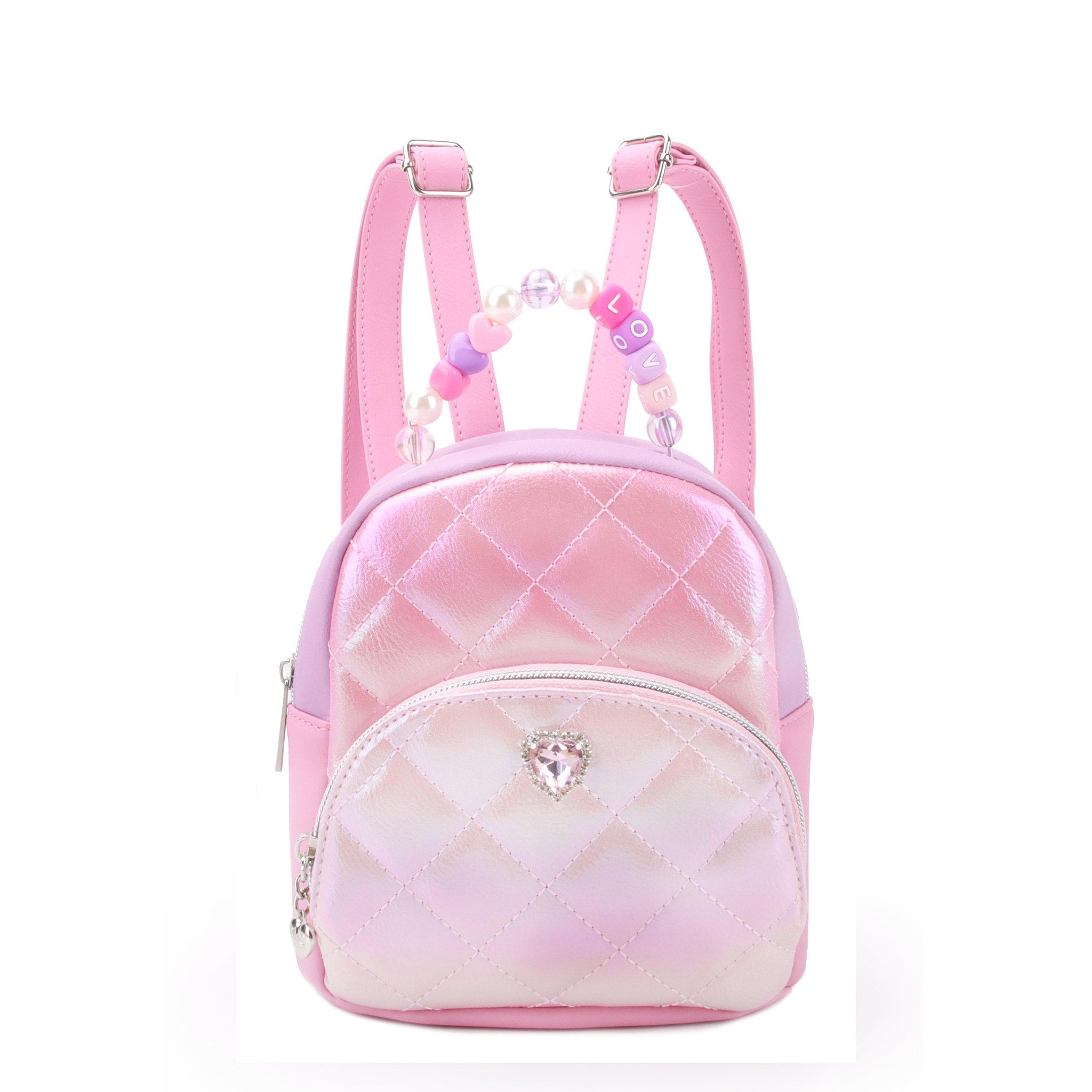 front view of pink and white metallic quilted micro mini backpack with heart gem applique & a beaded top handle with the word "love" letter beads