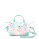 front view of a confetti filled pouchette style crossbody bag with aqua top handles & strap closure 