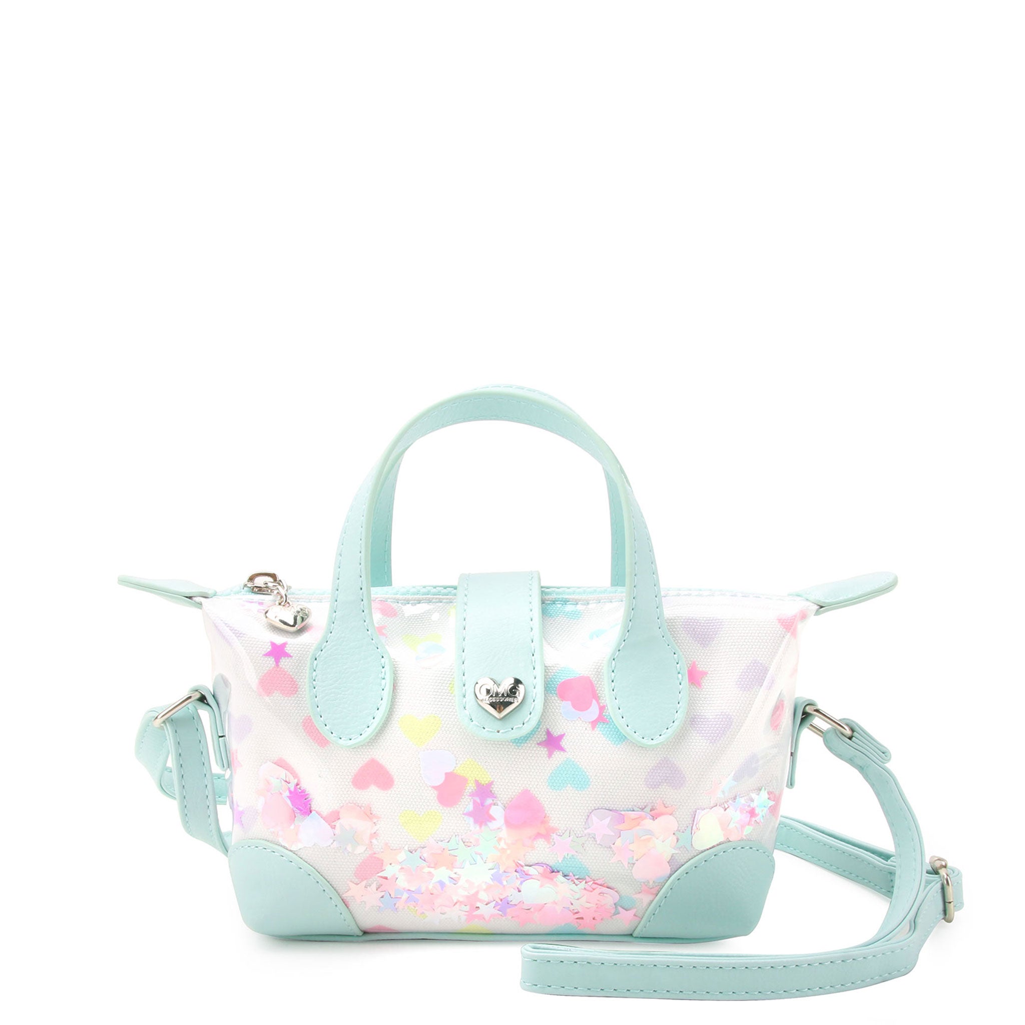 front view of a confetti filled pouchette style crossbody bag with aqua top handles & strap closure 