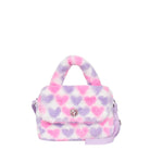 Front view of a plush, heart-printed crossbody bag with a rhinestone embellished snap closure