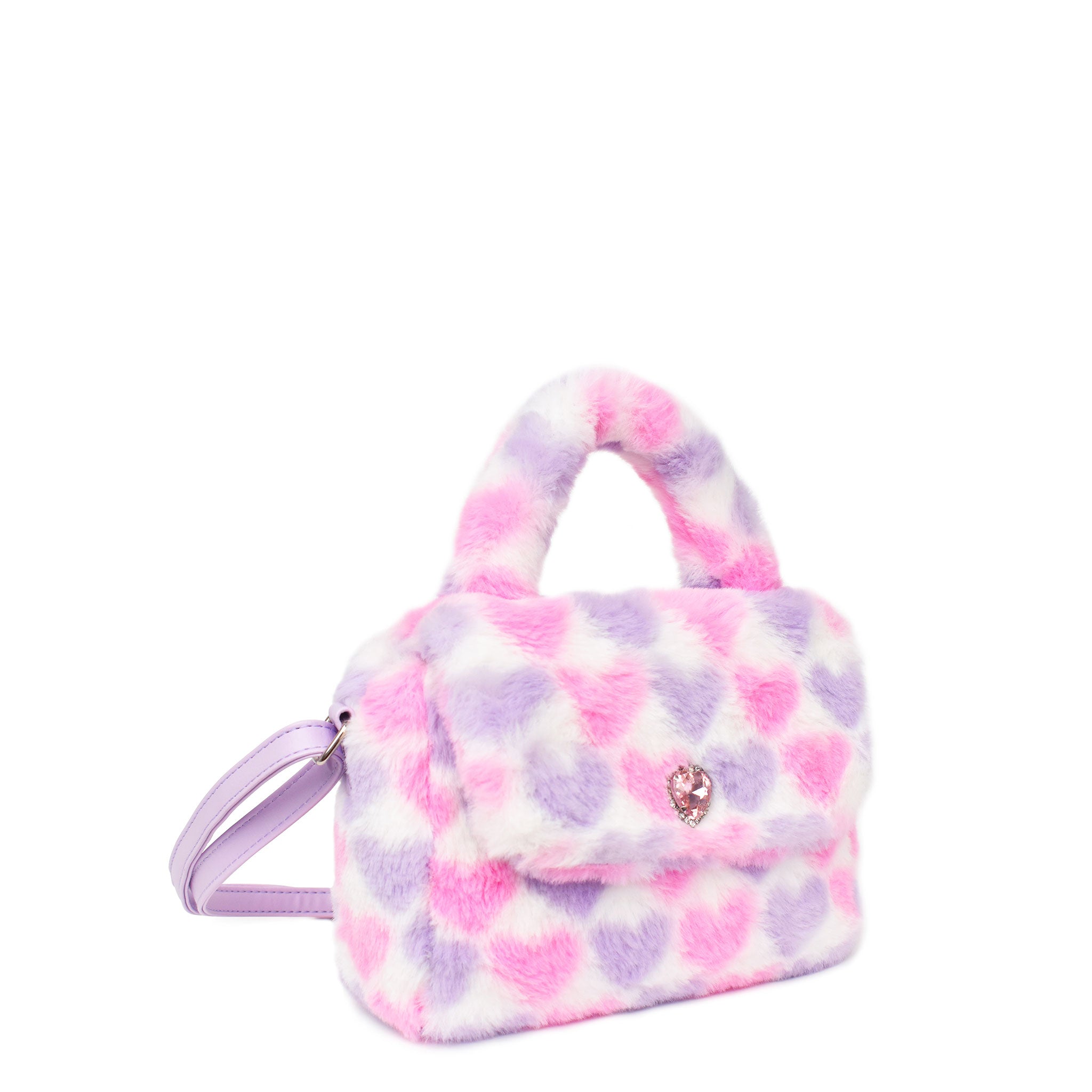 side view of a plush, heart-printed crossbody bag with a rhinestone embellished snap closure
