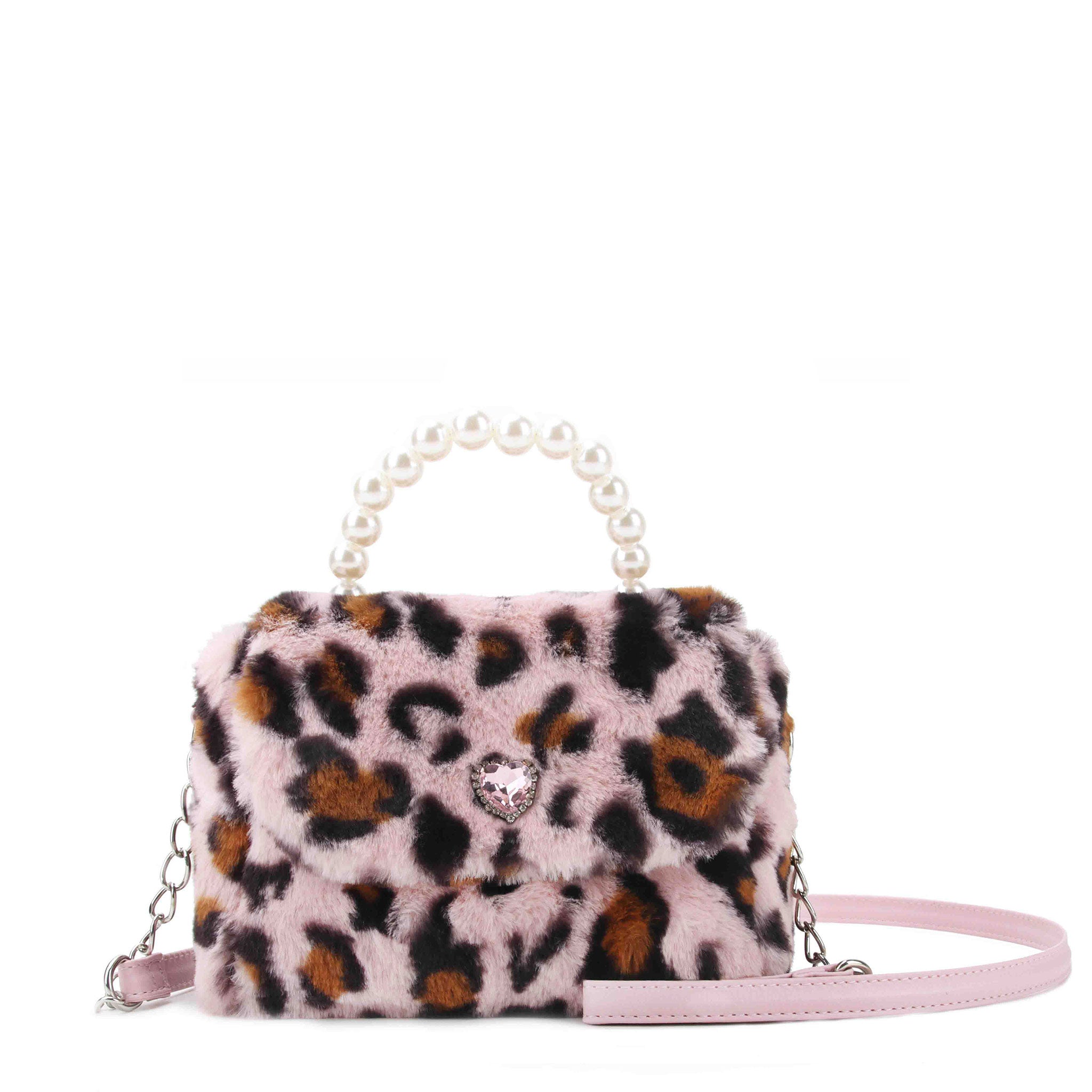 pink leopard print crossbody bag with a flap enclosure and pearl top handle