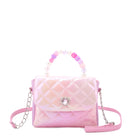 front view of a metallic quilted color blocked mini top handle crossbody bag with beaded "love" top handle