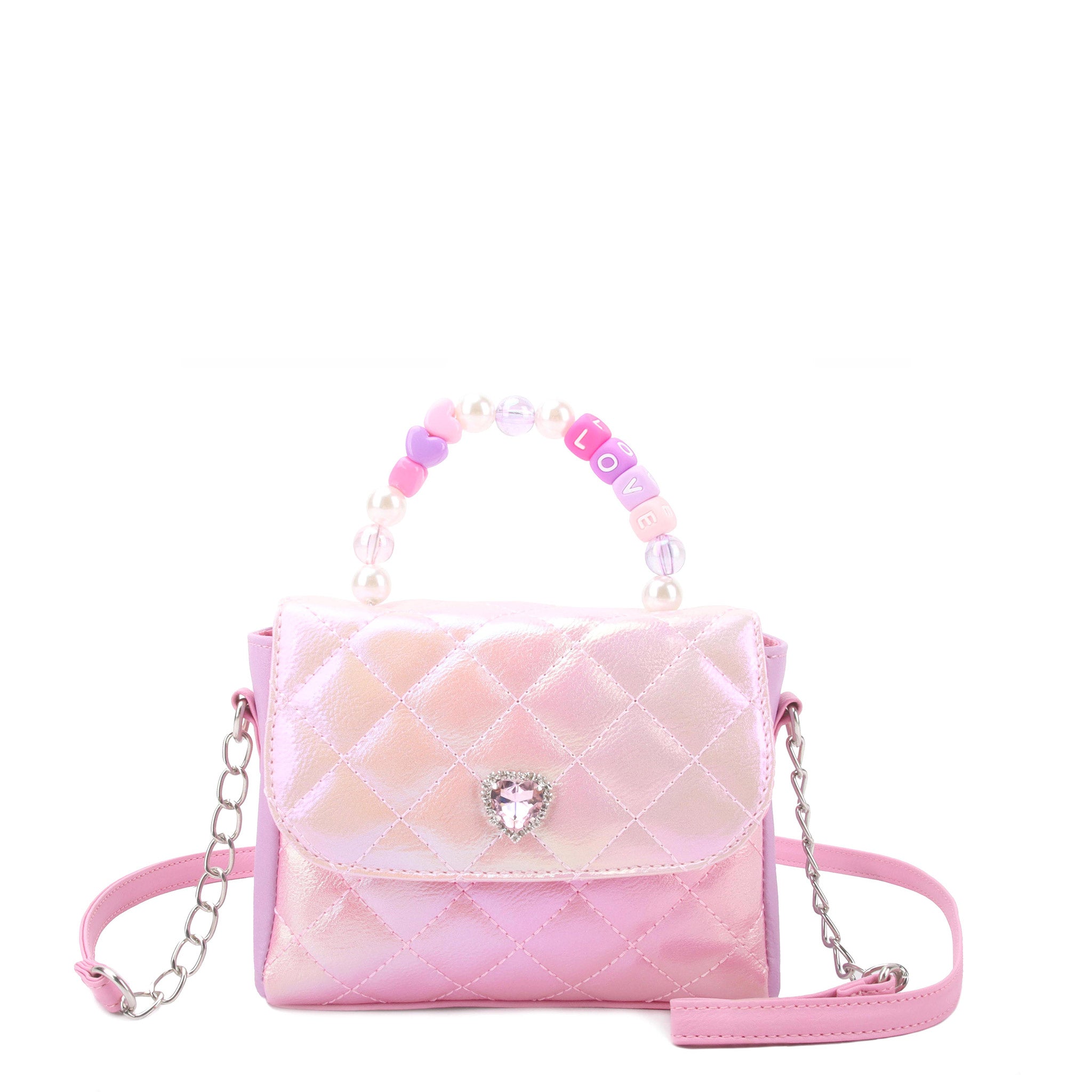 front view of a metallic quilted color blocked mini top handle crossbody bag with beaded "love" top handle