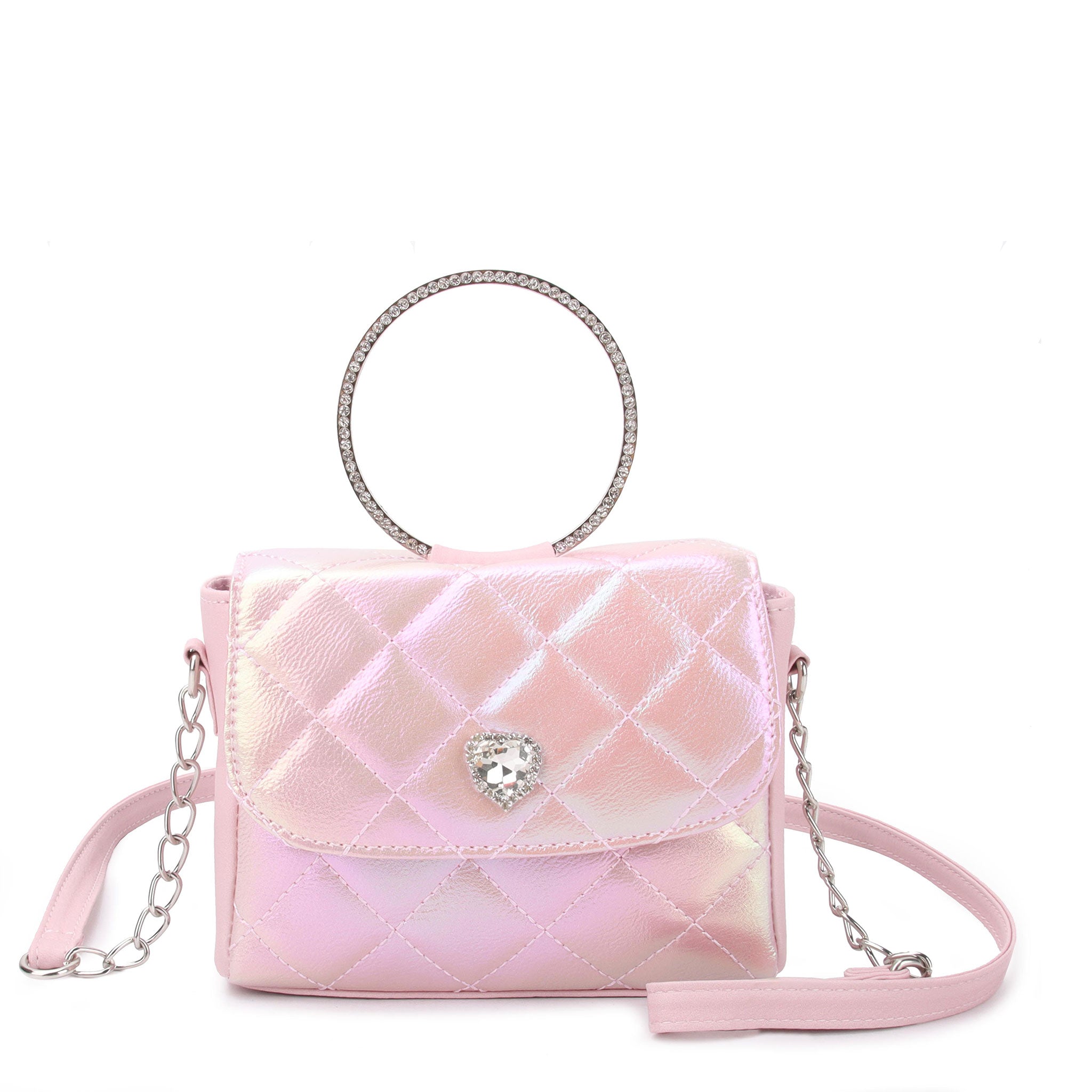 Pink quilted handbag with a heart-shaped clasp on a white background
