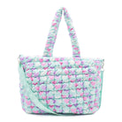 Front View of a Light Aqua Heart Print Nylon quilted large tote bag with removable adjustable straps