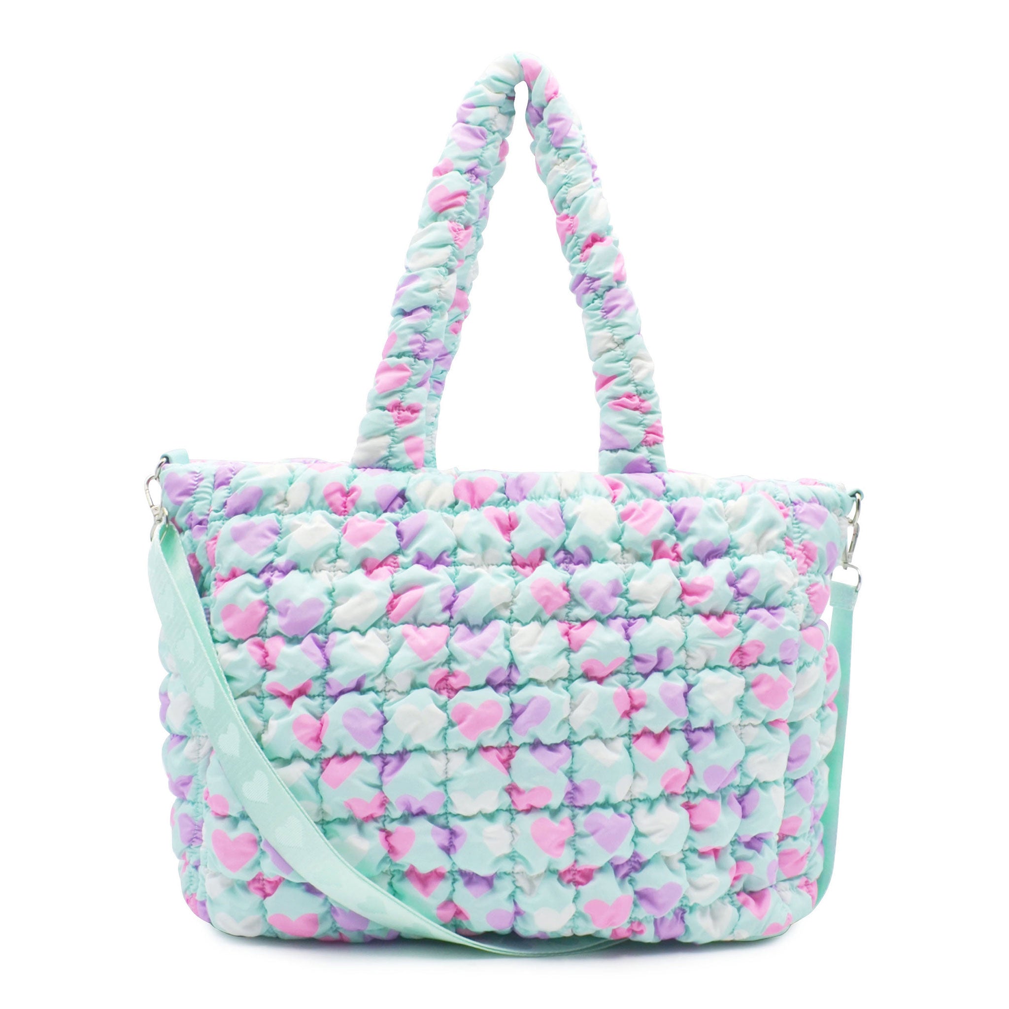 Front View of a Light Aqua Heart Print Nylon quilted large tote bag with removable adjustable straps