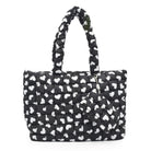 Front View of a Black and White Heart Print Nylon quilted large tote bag with matching coin purse