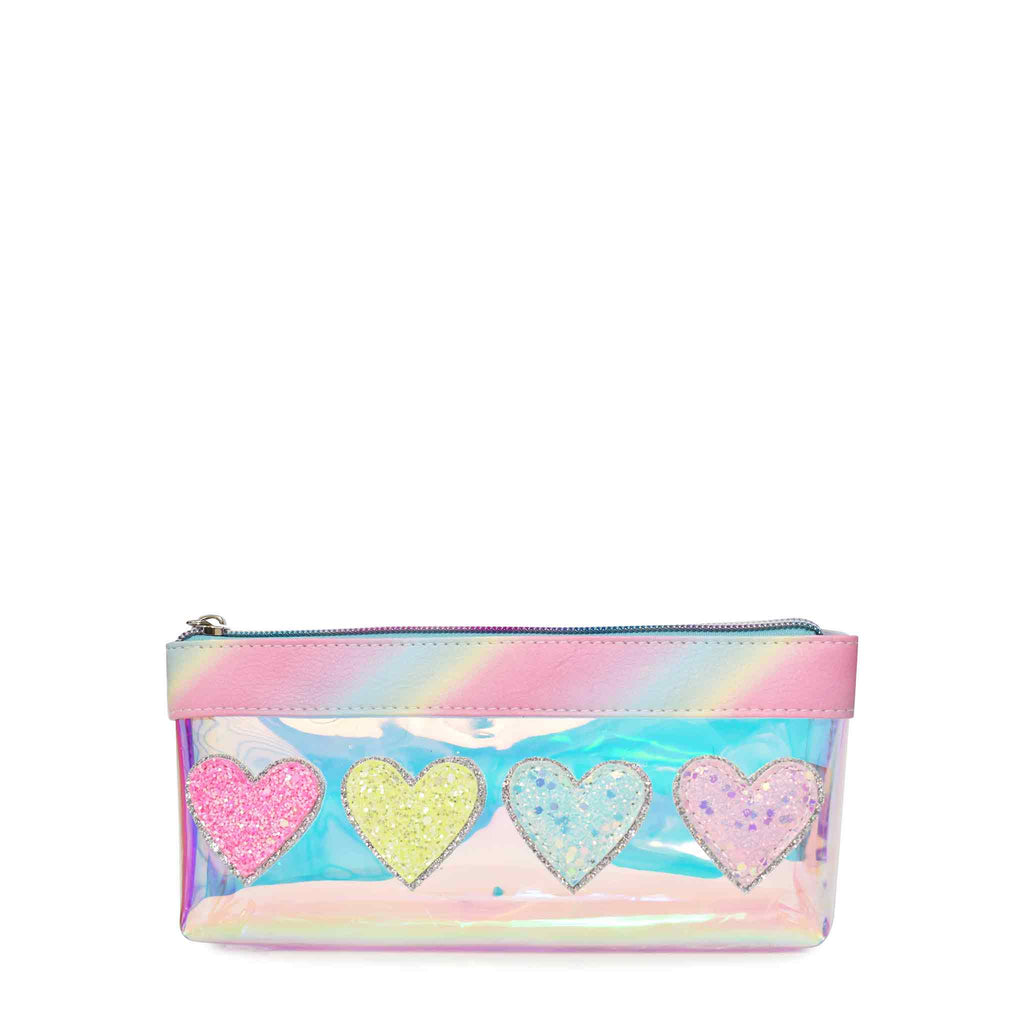 Front view of clear pouch with 4 different colored heart appliqués (pink, yellow, blue, and lavender)