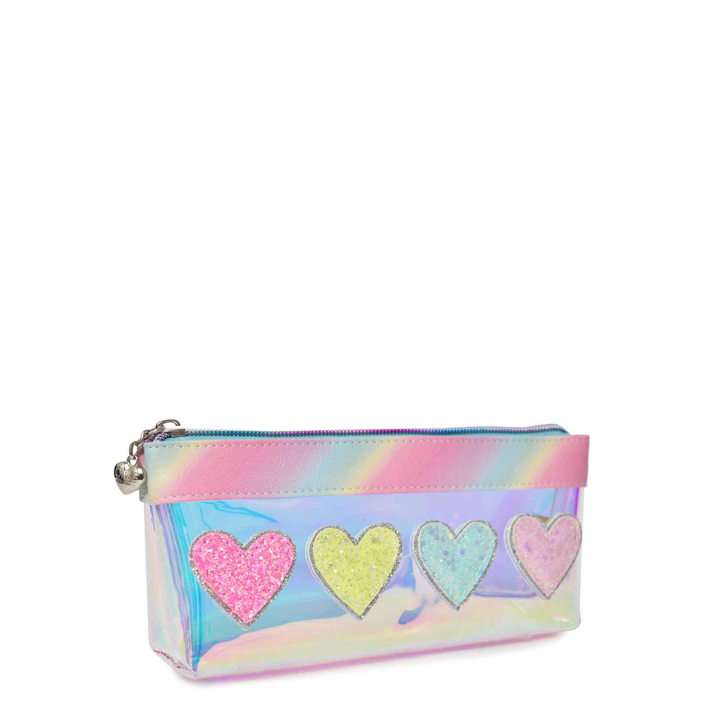Side view of clear pouch with 4 different colored heart appliqués (pink, yellow, blue, and lavender)