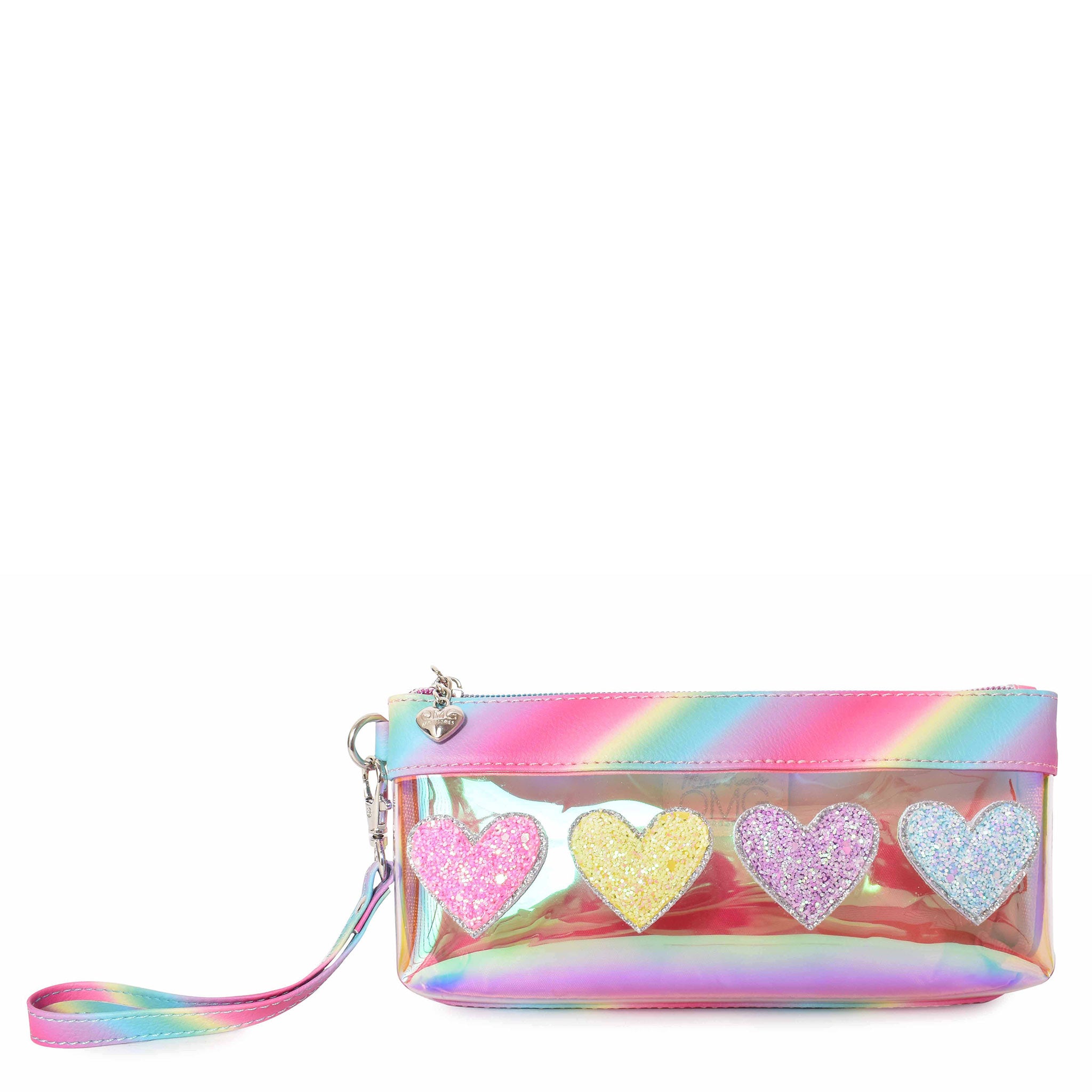 Front view of clear glazed glitter heart-patched wristlet