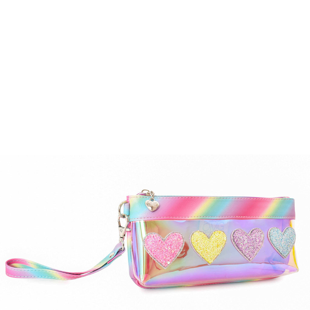 Side view of clear glazed glitter heart-patched wristlet