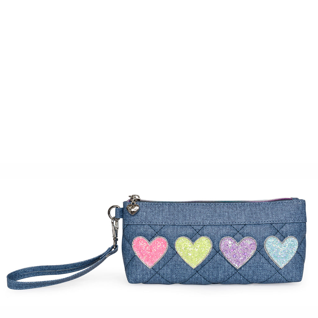 Front view of a denim quilted slim pencil case wristlet pouch with glitter heart patches 