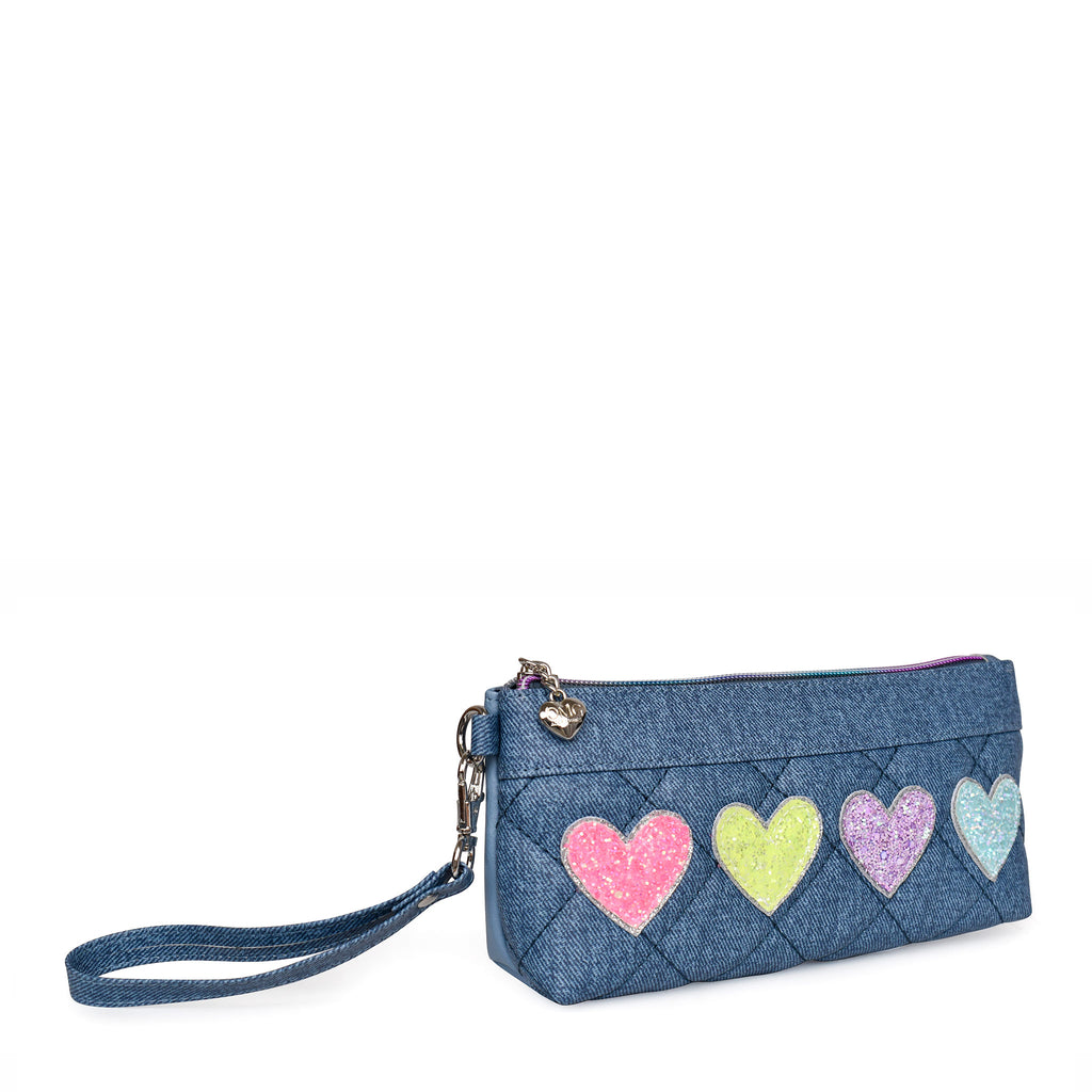 Side  view of a denim quilted slim pencil case wristlet pouch with glitter heart patches