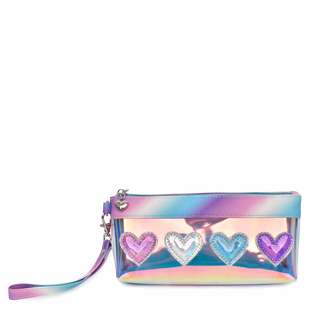 Front view of a blue glazed pencil case wristlet with metallic heart patches.