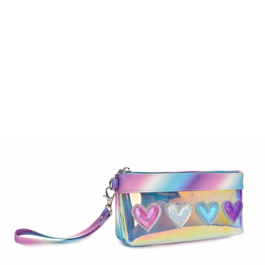 Side view of a blue glazed pencil case wristlet with metallic heart patches