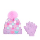 Front view of a chenille checkerboard hat and gloves set