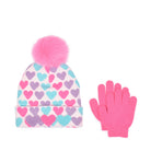 front view of a heart-printed hat and gloves set