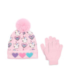 Front view of a unicorn printed beanie and gloves set