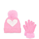 Front view of a chenille heart hat and gloves set