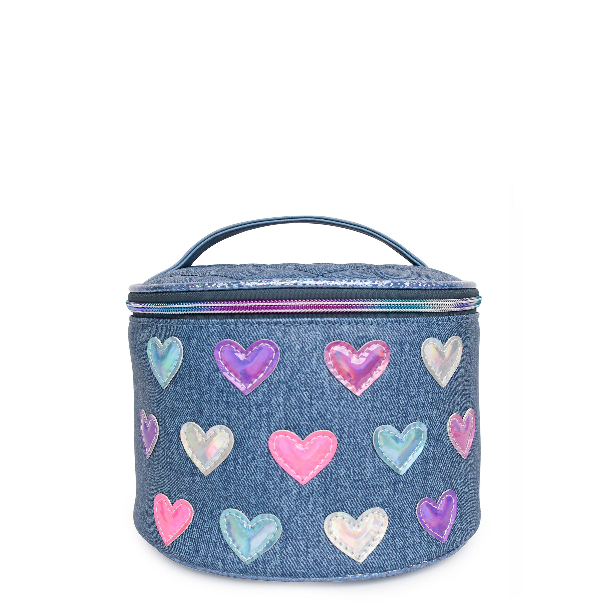 Front view of a denim round train case covered in metallic heart patches