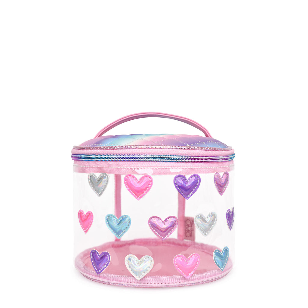 Front view of clear pink glam bag with reflective heart patches