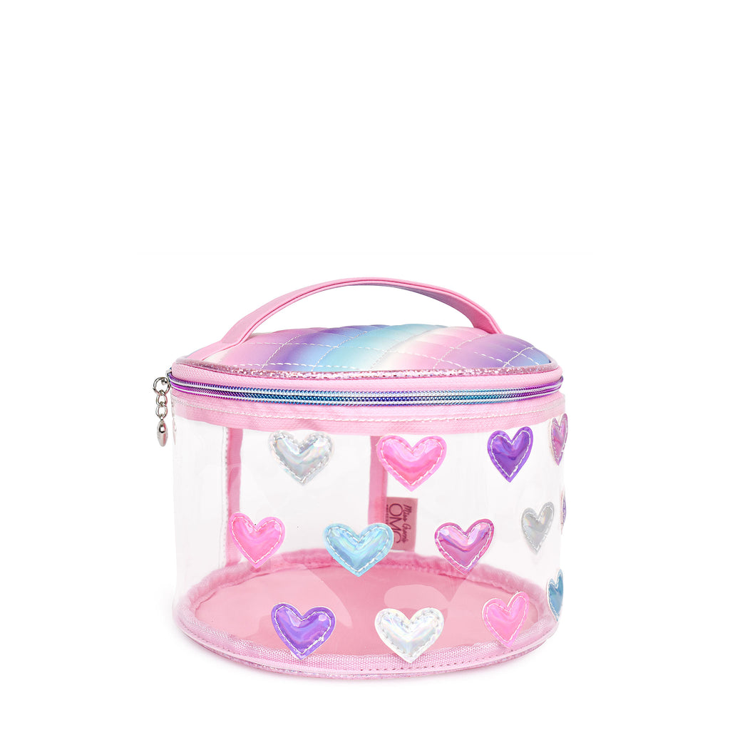 Side view of clear pink glam bag with reflective heart patches