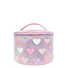 Front view of a sequin rounded train case with glitter heart patches