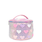 Side view of a sequin rounded train case with glitter heart patches